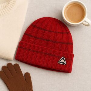 100% Wool Knit  Red Beanie  – Warm Winter Hat – Unisex – One Size